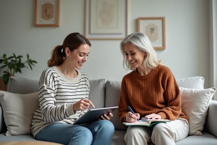 Deux femmes discutant des bonnes pratiques de partage de photos en ligne sur une tablette dans un salon moderne