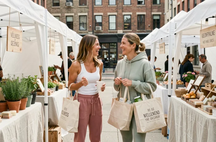 Deux femmes souriantes faisant du shopping bien-être dans un marché urbain en plein air