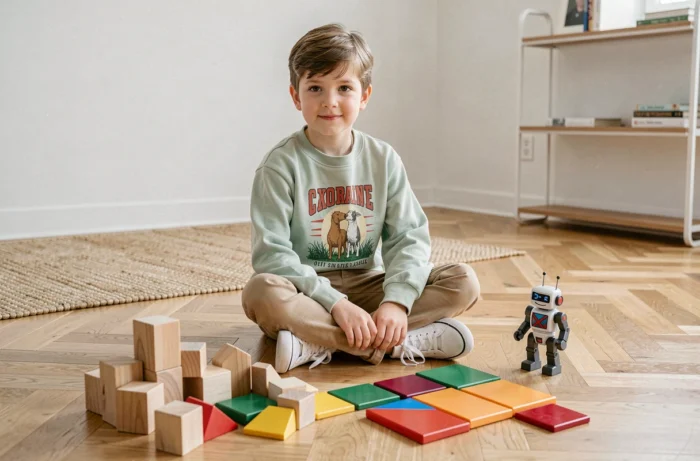 Garçon jouant avec des jouets éducatifs modernes dans une salle de jeux scandinave, portant une tenue mode tendance printemps 2024