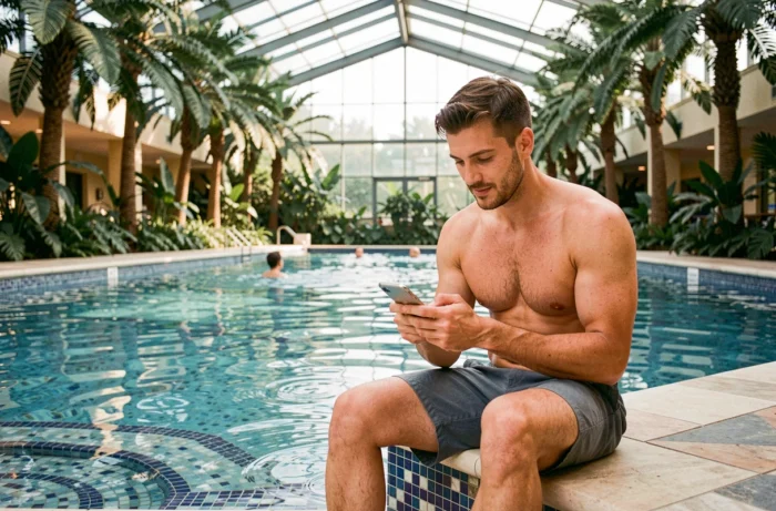 Homme assis au bord d'une piscine intérieure peu fréquentée à Paris consultant son téléphone pour optimiser sa visite