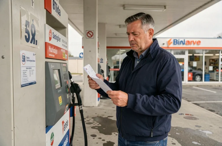 Homme tenant un chéquier devant une pompe à carburant dans une station-service en France