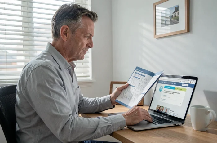 Homme comparant des offres d'assurance emprunteur sur ordinateur et brochure dans un bureau à domicile