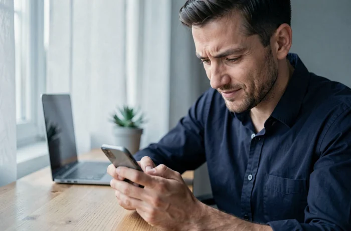 Homme concentré qui compose un message romantique avec des emojis sur son smartphone à son bureau