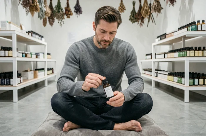 Homme examinant un produit d'aromathérapie dans un concept store bien-être minimaliste