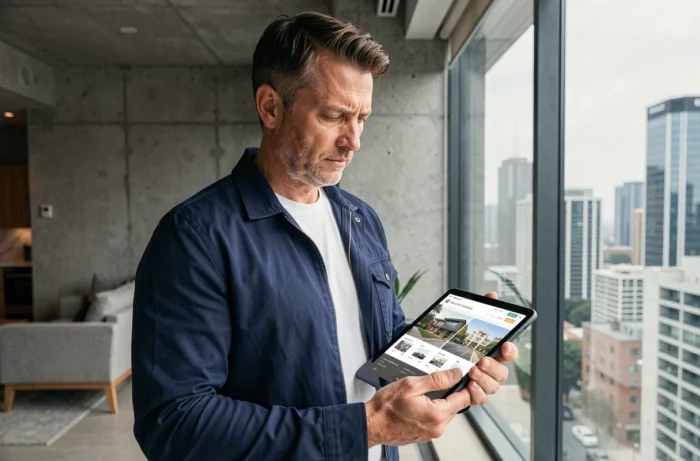 Homme consultant un site de comparaison immobilière sur une tablette près d'une fenêtre panoramique en ville