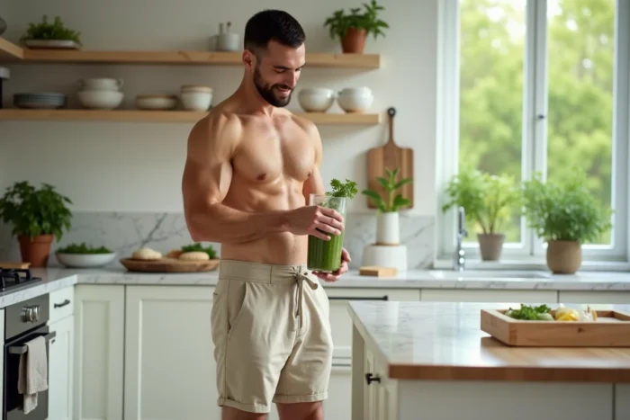 Homme préparant un smoothie aux légumes dans une cuisine moderne en lin, pieds nus sur carrelage, illustrant un quotidien sain et naturel à la maison