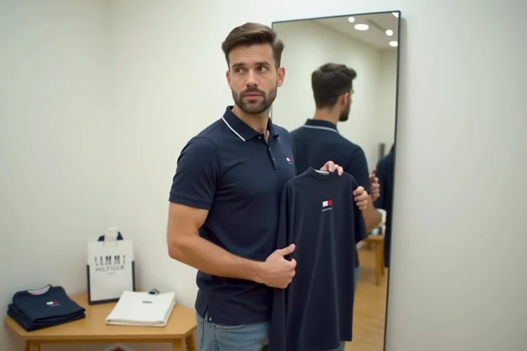 Homme essayant un polo Tommy Hilfiger dans une cabine d'essayage pour vérifier la taille