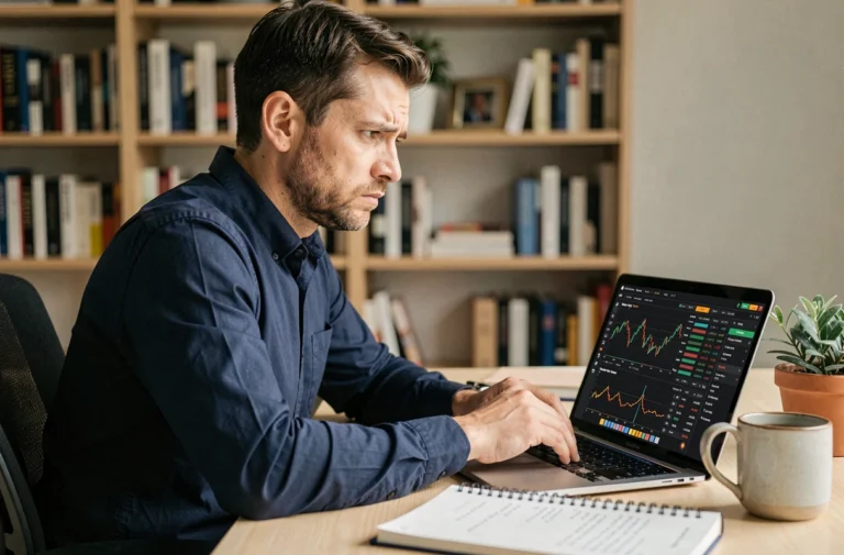 Homme frustré devant un écran d'ordinateur affichant une plateforme d'investissement en ligne, illustrant les inconvénients d'eToro pour les placements financiers