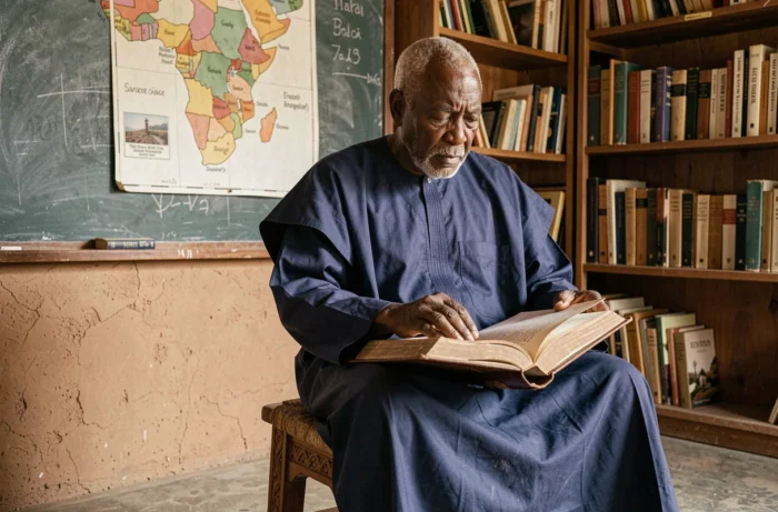 Homme âgé en boubou indigo consultant un livre d'histoire coloniale devant une carte de l'Afrique française dans une bibliothèque de Dakar