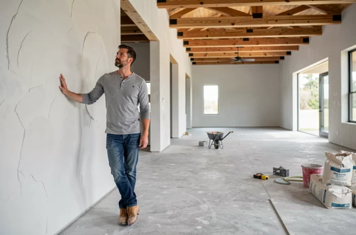 Homme inspectant les finitions intérieures d'une maison neuve en cours de construction