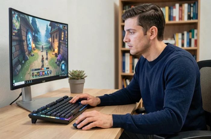 Homme concentré jouant à un jeu en ligne sur ordinateur dans un bureau à domicile