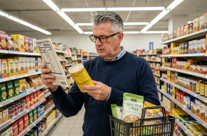Homme lisant attentivement les étiquettes d'un produit sans gluten dans le rayon d'un supermarché