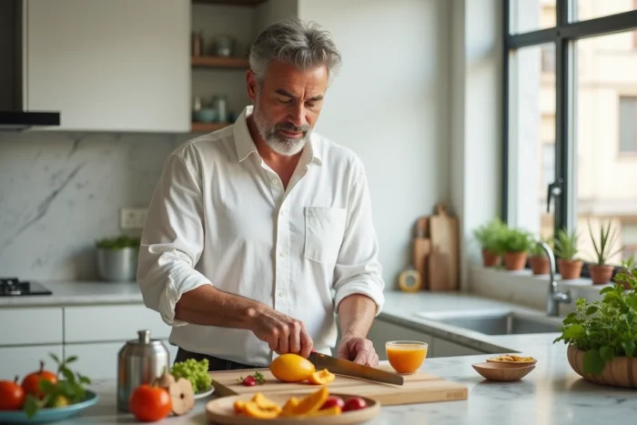 Homme préparant un petit-déjeuner sain avec des fruits frais dans une cuisine moderne pour favoriser le bien-être au quotidien