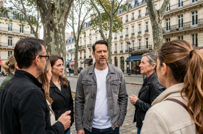 Homme politique en discussion avec des citoyens sur une place publique dans un quartier français