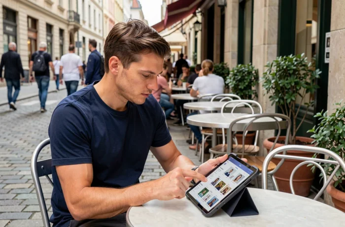Homme explorant les fonctionnalités du site Pucker Up sur une tablette dans un café en terrasse
