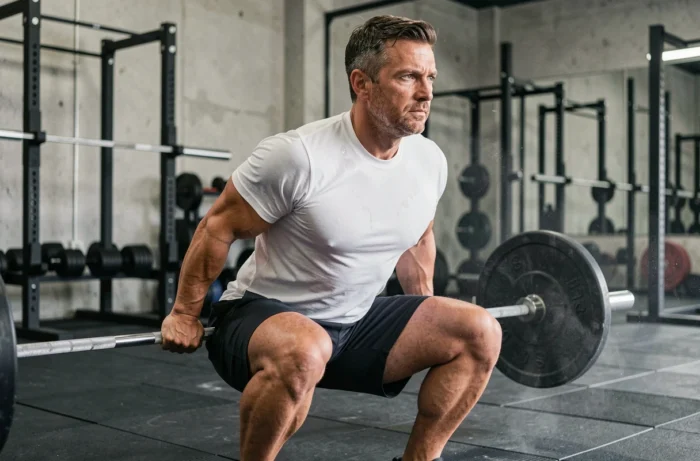 Homme d'âge mûr effectuant un squat avec haltère dans une salle de sport professionnelle, illustrant la pratique régulière de la musculation