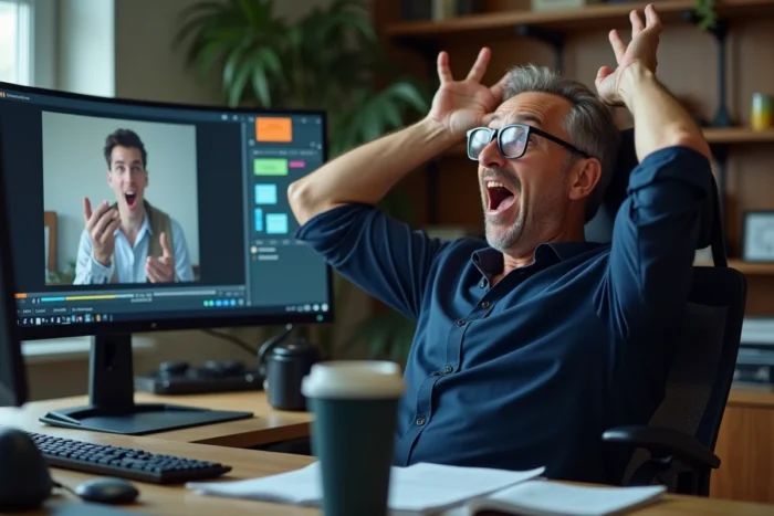 Homme surpris et amusé devant son écran d'ordinateur regardant une vidéo insolite virale en télétravail