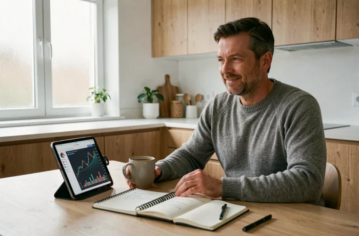 Homme consultant des graphiques financiers et des notes de santé sur une tablette dans une cuisine moderne