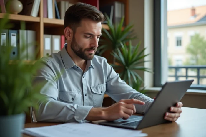 Homme en télétravail naviguant sur une application de gestion de services à domicile sur tablette avec une liste de critères imprimée
