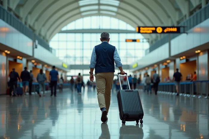 Homme tirant une valise dans un terminal d'aéroport international animé lors d'un voyage organisé