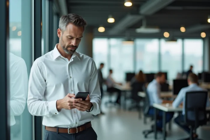 Homme vérifiant attentivement des photos sur son smartphone dans un bureau moderne, symbolisant la vigilance avant le partage en ligne