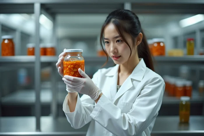Professionnel de la sécurité alimentaire inspectant un bocal de kimchi scellé dans un laboratoire alimentaire moderne
