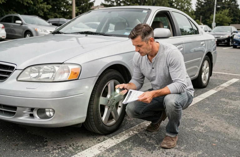 Homme inspectant une voiture d'occasion avant achat dans un parking, vérification de la carrosserie avec checklist