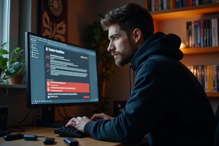 Jeune homme installant un jeu PC depuis un repack avec barre de progression visible sur l'écran