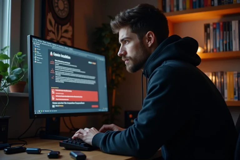Jeune homme installant un jeu PC depuis un repack avec barre de progression visible sur l'écran