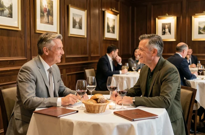 Deux professionnels partageant un déjeuner d'affaires dans un restaurant haut de gamme, illustrant les invitations encadrées par la politique anti-corruption loi Sapin 2