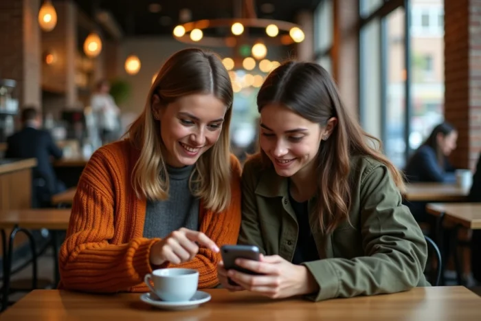 Deux amies dans un café regardant ensemble comment voir les invitations envoyées sur Instagram