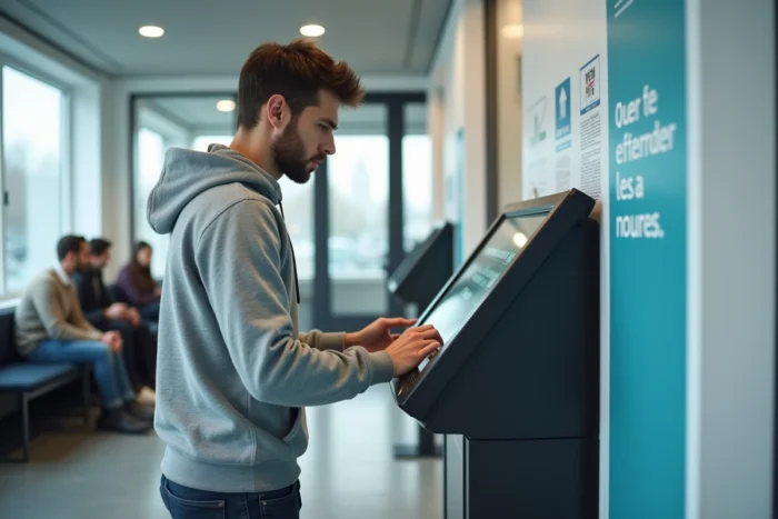 Jeune homme utilisant une borne numérique dans une agence France Travail pour vérifier ses droits et éviter un retard de paiement