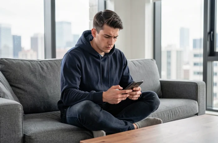 Jeune homme concentré jouant à un jeu de mots en ligne sur smartphone dans un salon moderne