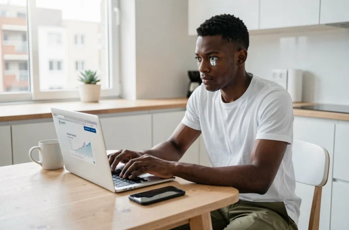 Jeune homme recherchant des solutions de crédit en ligne sur son ordinateur portable dans une cuisine moderne et épurée