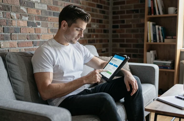 Jeune homme recherchant une mutuelle santé adaptée à son budget sur une tablette dans son appartement
