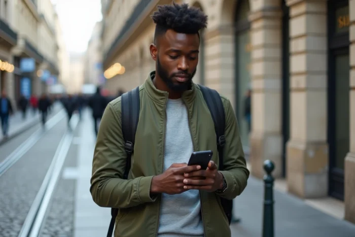 Jeune professionnel consultant des offres d'emploi sur smartphone devant une station de métro à Bordeaux
