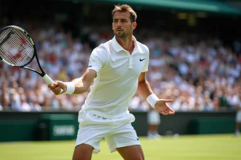 Joueur de tennis professionnel en plein swing sur un court en gazon lors d'un Grand Chelem