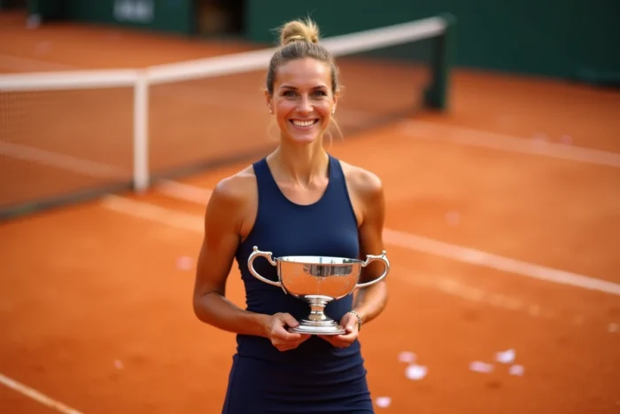 Joueuse de tennis tenant le trophée d'un Grand Chelem sur un court en terre battue