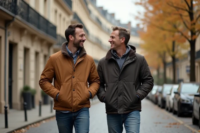Deux hommes marchant ensemble dans une rue pavée française en automne, complicité naturelle