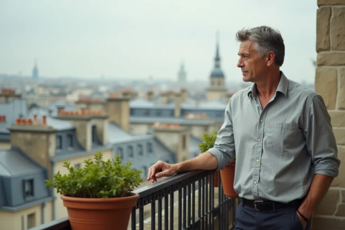 Homme seul sur un balcon parisien contemplant les toits, atmosphère personnelle et intime