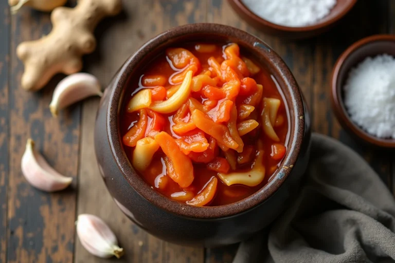 Pot en grès traditionnel rempli de kimchi fermenté maison, avec ail et gingembre sur une table en bois rustique