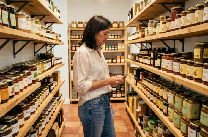 Femme découvrant les produits régionaux basques dans le nouveau magasin de Dancharia