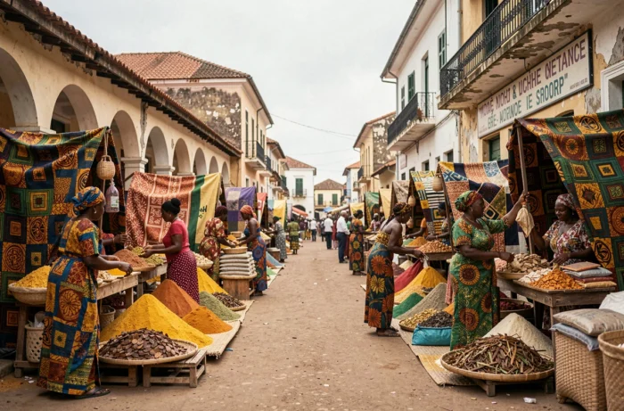 Marché animé dans une ville d'Afrique subsaharienne anciennement colonisée par la France, avec arcades coloniales et étals de tissu wax colorés