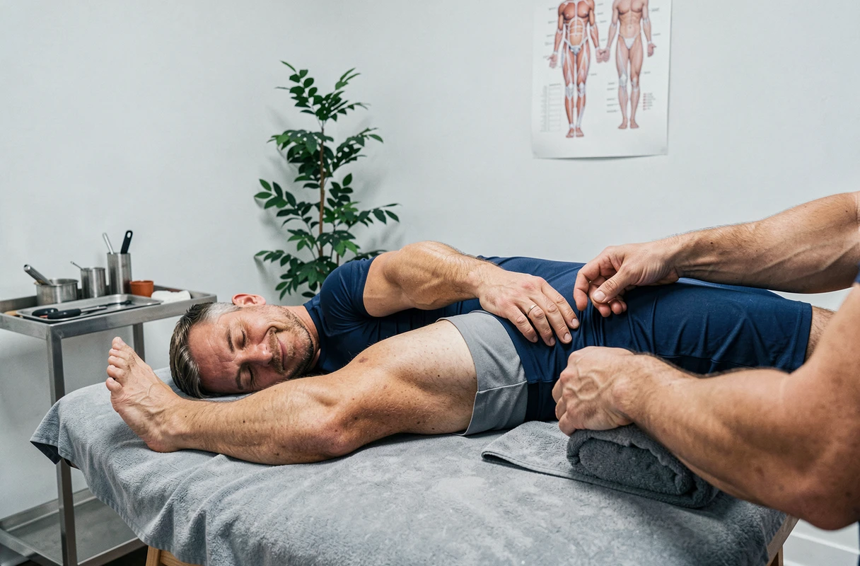 Homme recevant un massage sportif pour favoriser la récupération musculaire après l'effort