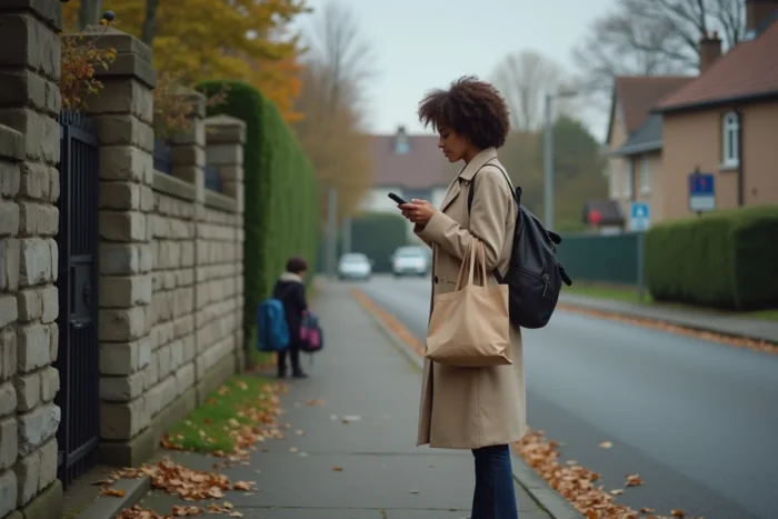Mère isolée devant l'école regardant son téléphone avec inquiétude, illustrant la solitude des mères élevant seules leurs enfants