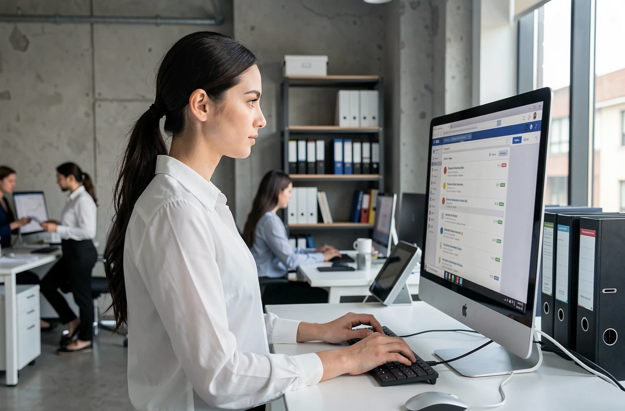 Jeune femme professionnelle consultant sa boîte mail Wanadoo sur un ordinateur de bureau en open space