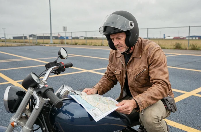 Motard consultant une carte routière papier sur sa moto après être arrivé au terminal de Coquelles à Calais en sortant du tunnel sous la Manche