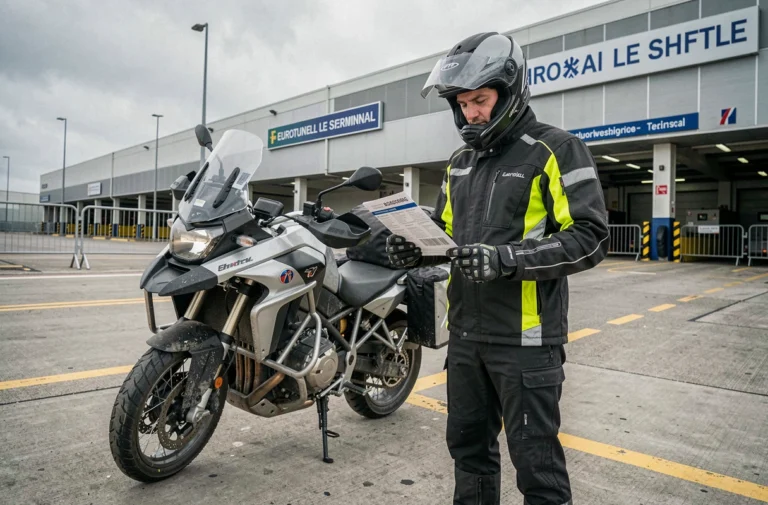 Motard avec équipement de voyage complet devant le terminal Eurotunnel de Folkestone avant d'embarquer pour traverser le tunnel sous la Manche en moto