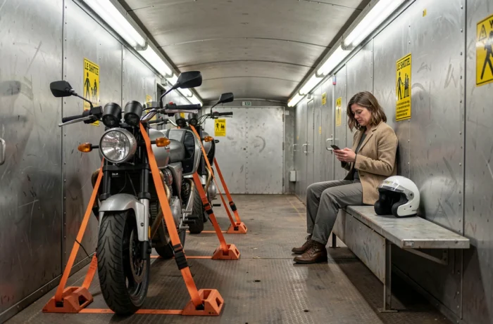 Deux motos arrimées dans un wagon Le Shuttle du tunnel sous la Manche avec une motarde assise en attendant l'arrivée en France