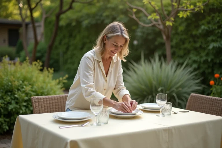Femme disposant des assiettes sur une table de jardin recouverte d'une nappe anti UV crème sur une terrasse en pierre